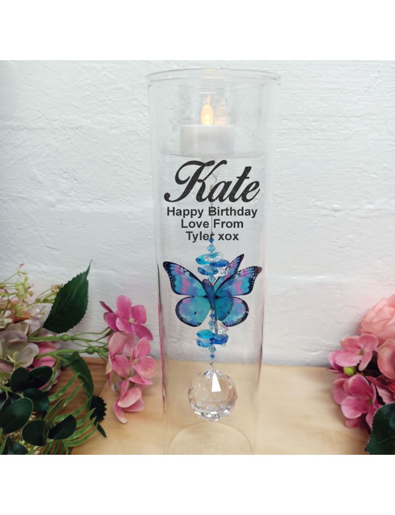 Birthday Glass Candle Holder Blue Butterfly
