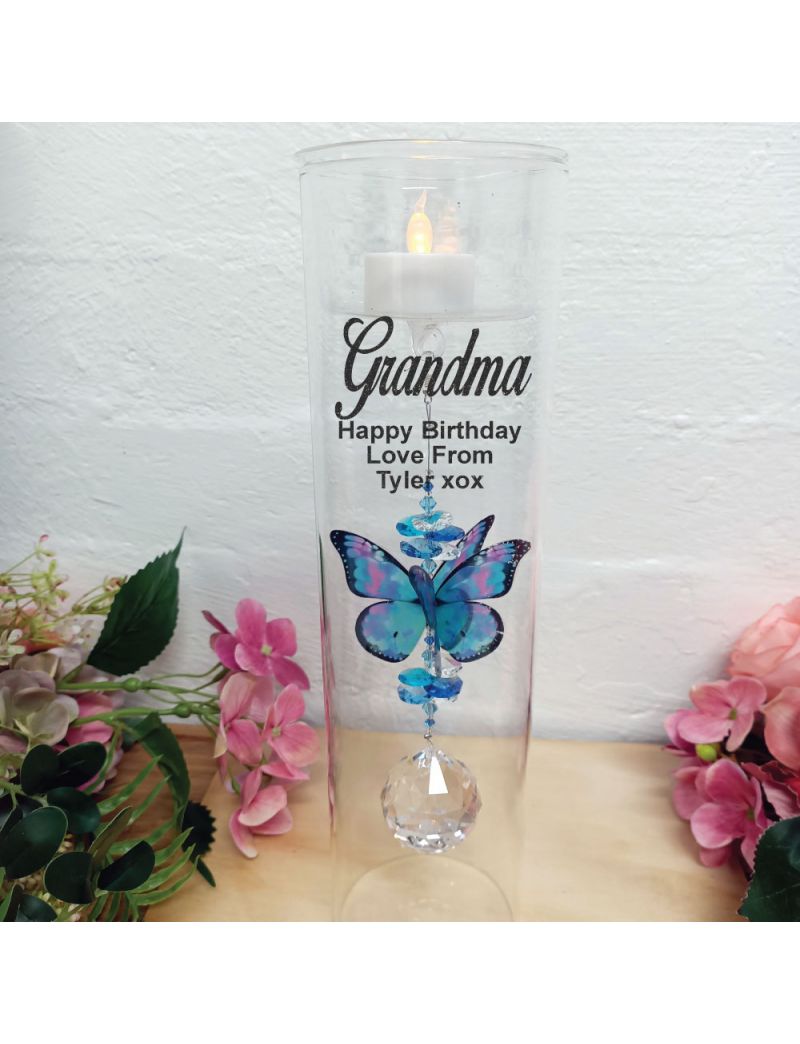 Grandma Glass Candle Holder Blue Butterfly