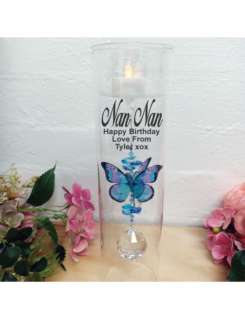 Nana Birthday Glass Candle Holder Blue Butterfly