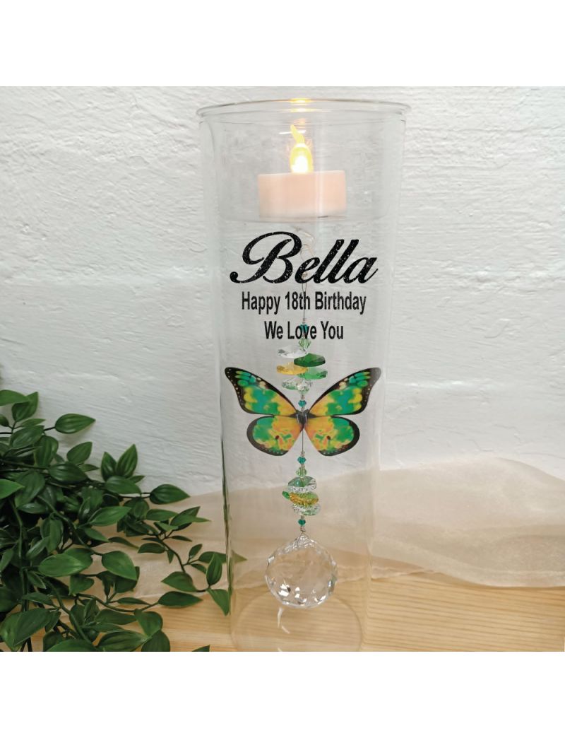 18th Birthday Glass Candle Holder Green Butterfly
