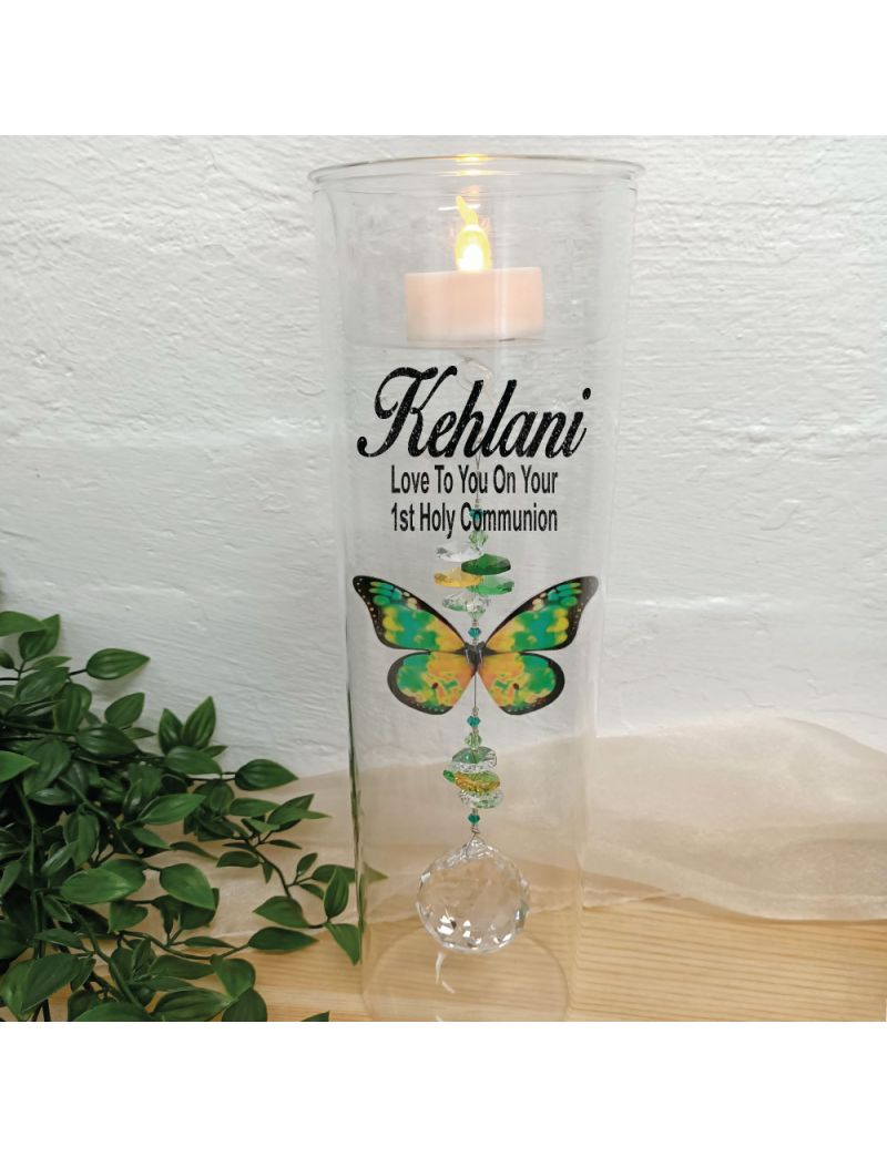 Holy Communion  Glass Candle Holder Green Butterfly