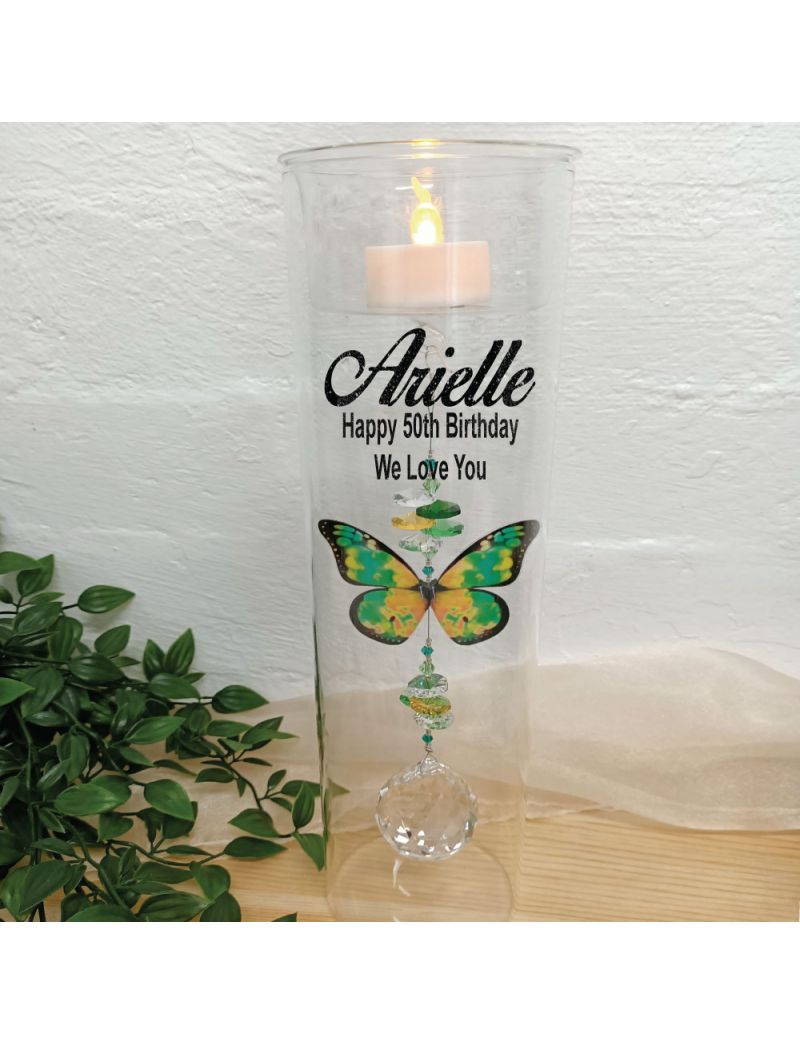 50th Birthday Glass Candle Holder Green Butterfly