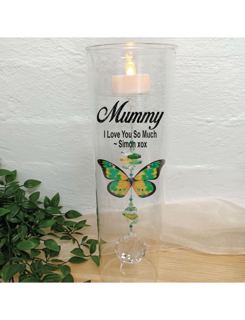 Mum Glass Candle Holder Green Butterfly