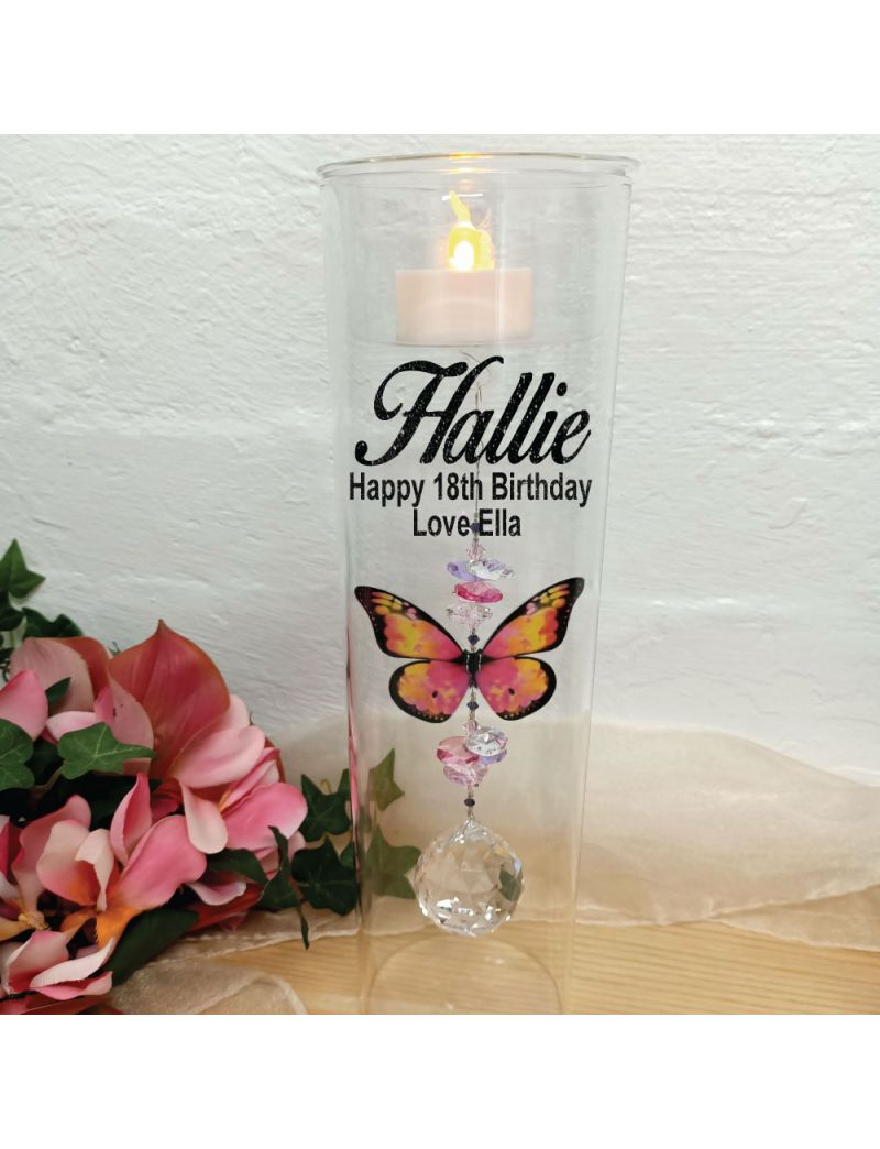 18th Birthday Glass Candle Holder Pink Butterfly
