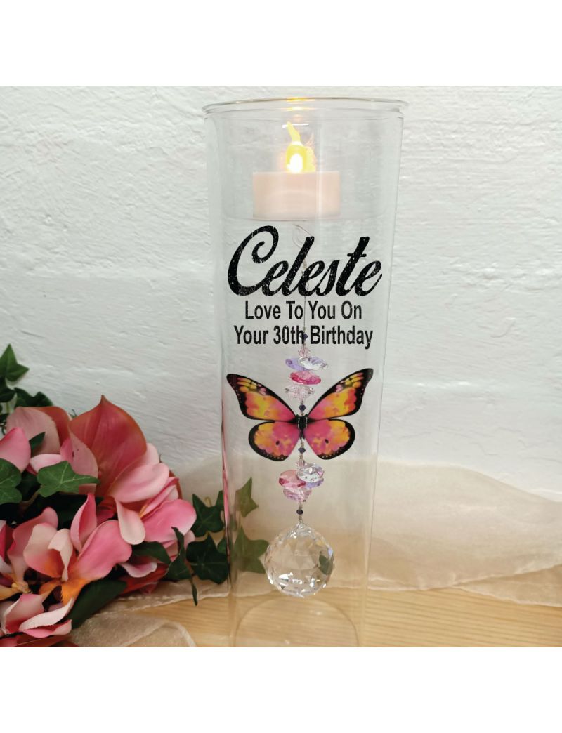 30th Birthday Glass Candle Holder Pink Butterfly