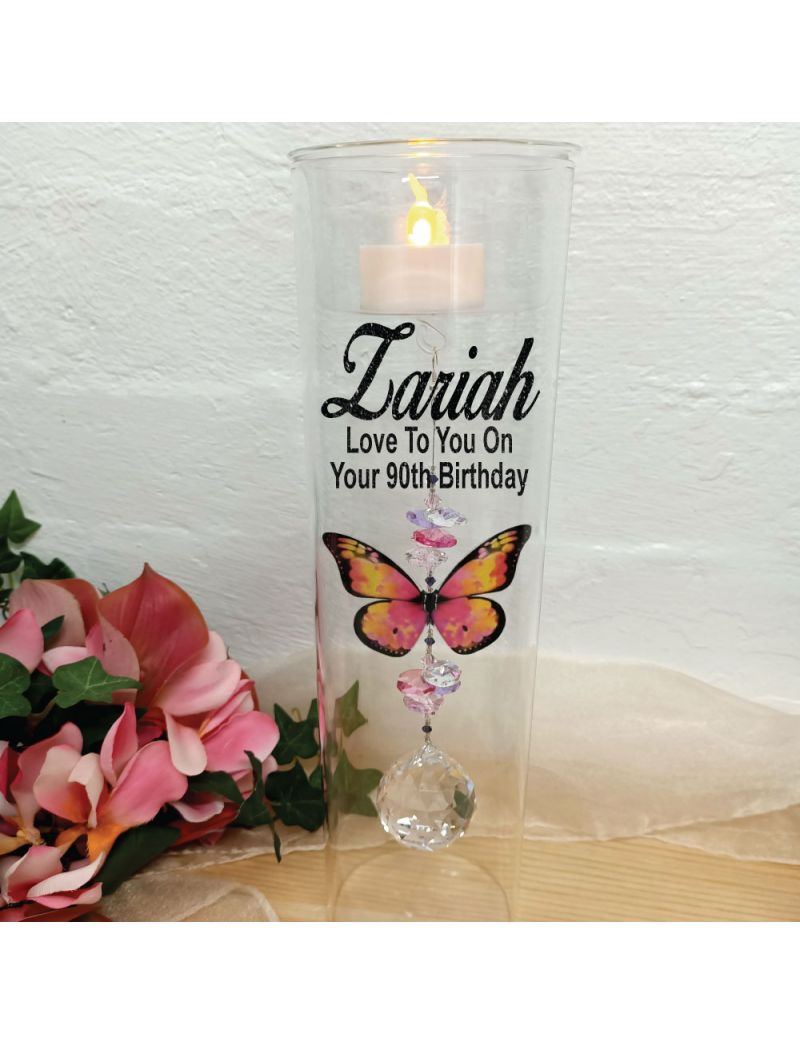 90th Birthday Glass Candle Holder Pink Butterfly