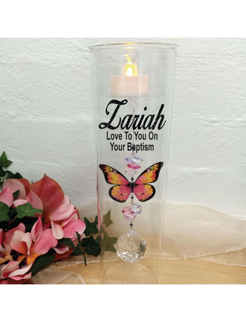 Baptism Glass Candle Holder Pink Butterfly