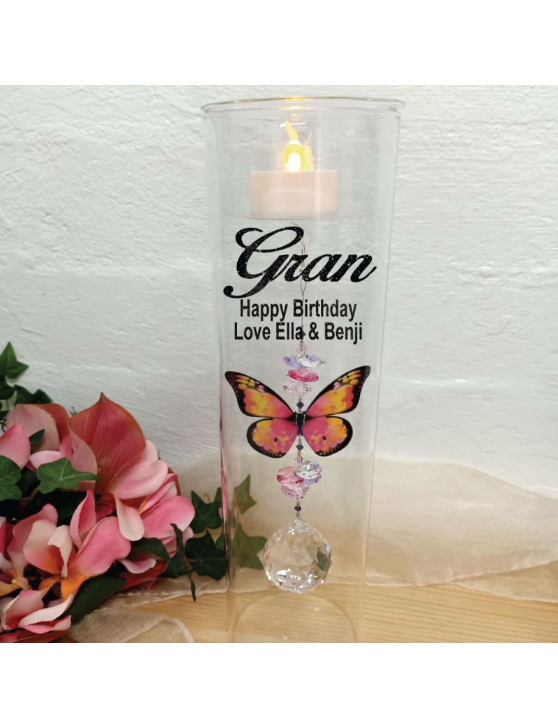 Grandma Glass Candle Holder Pink Butterfly