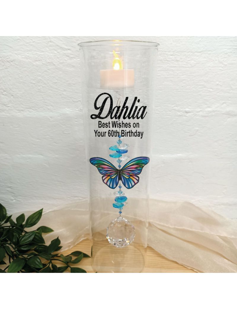 60th Birthday Glass Candle Holder Blue Stripe Butterfly
