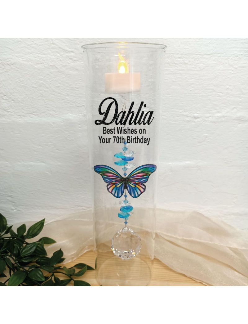 70th Birthday Glass Candle Holder Blue Stripe Butterfly