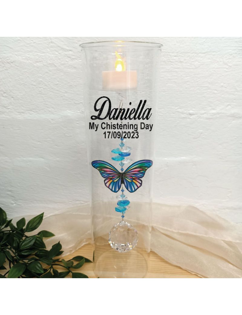 Christening Glass Candle Holder Blue Stripe Butterfly