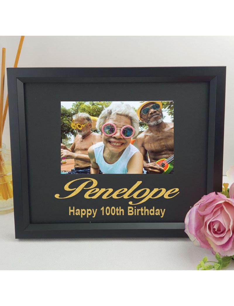 100th Birthday Personalised Photo Frame 4x6 Glitter - Black