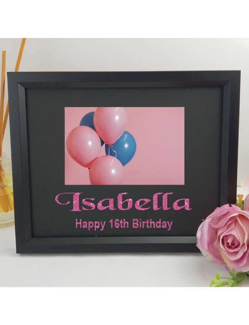 16th Birthday Personalised Photo Frame 4x6 Glitter Black