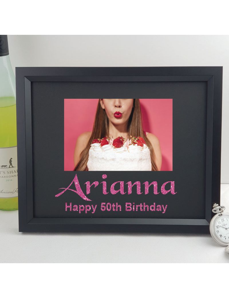 50th Birthday Personalised Photo Frame 4x6 Glitter Black