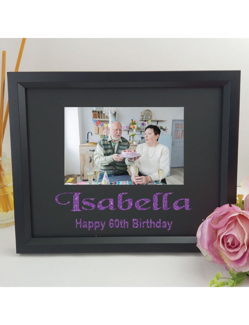 60th Birthday Personalised Photo Frame 4x6 Glitter Black