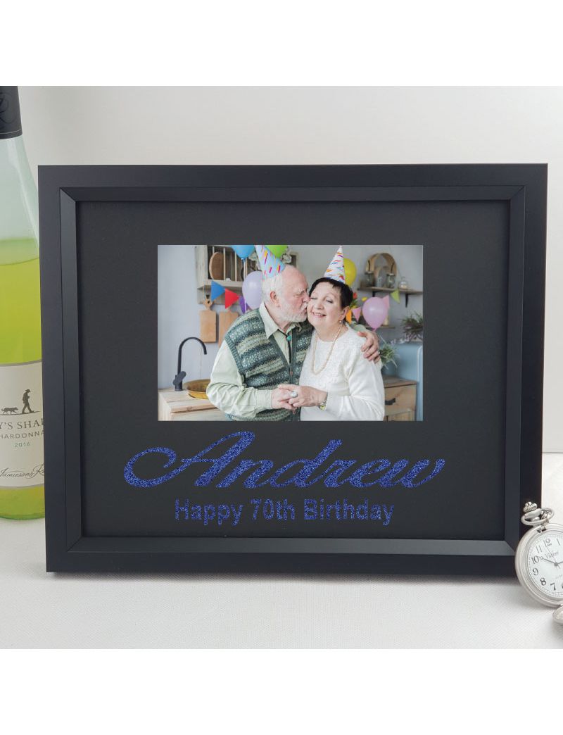 70th Birthday Personalised Photo Frame 4x6 Glitter- Black