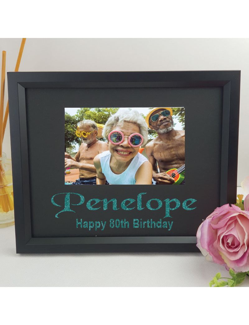 80th Birthday Personalised Photo Frame 4x6 Glitter -Black