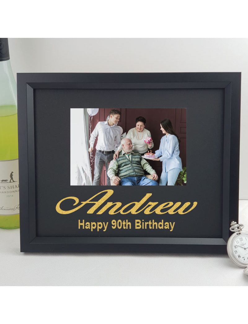 90th Birthday Personalised Photo Frame 4x6 Glitter - Black