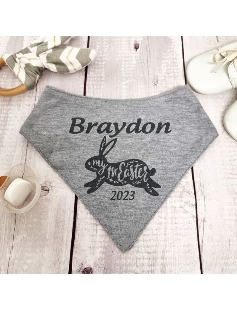 1st Easter Bandana Dribble Bib Grey Bunny