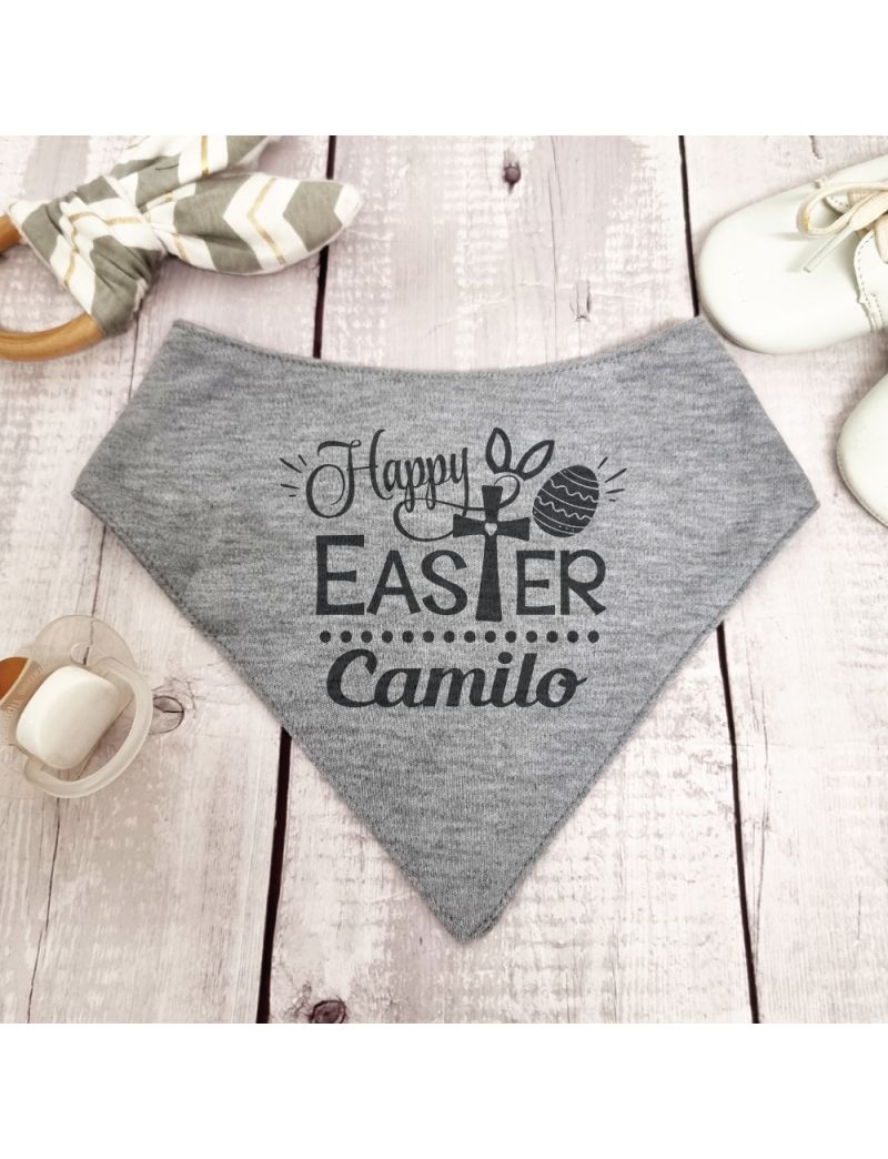 Happy Easter Bandana Dribble Bib Grey Heart Cross