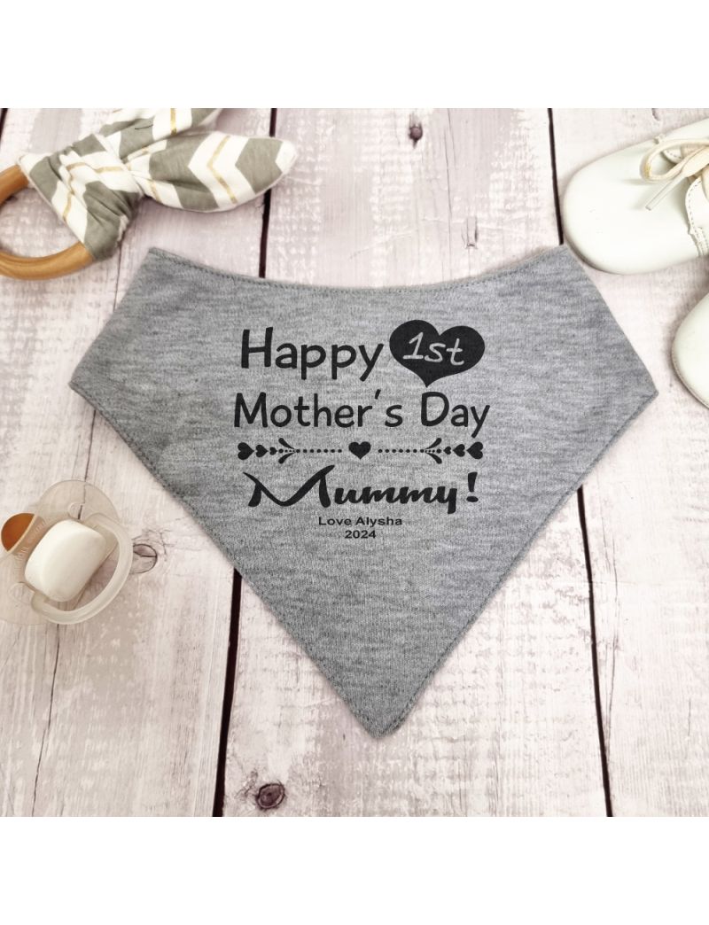 1st Mothers Day Bandana Dribble Bib Grey