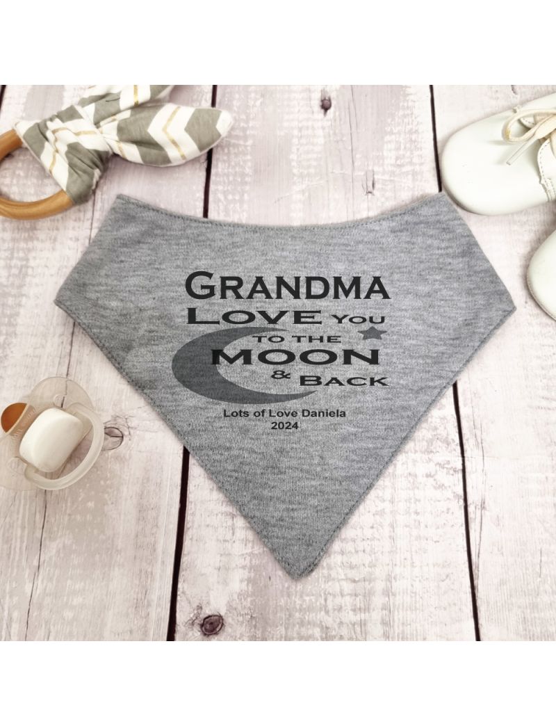 Love You To Moon & Back Grandma Bandana Bib Grey