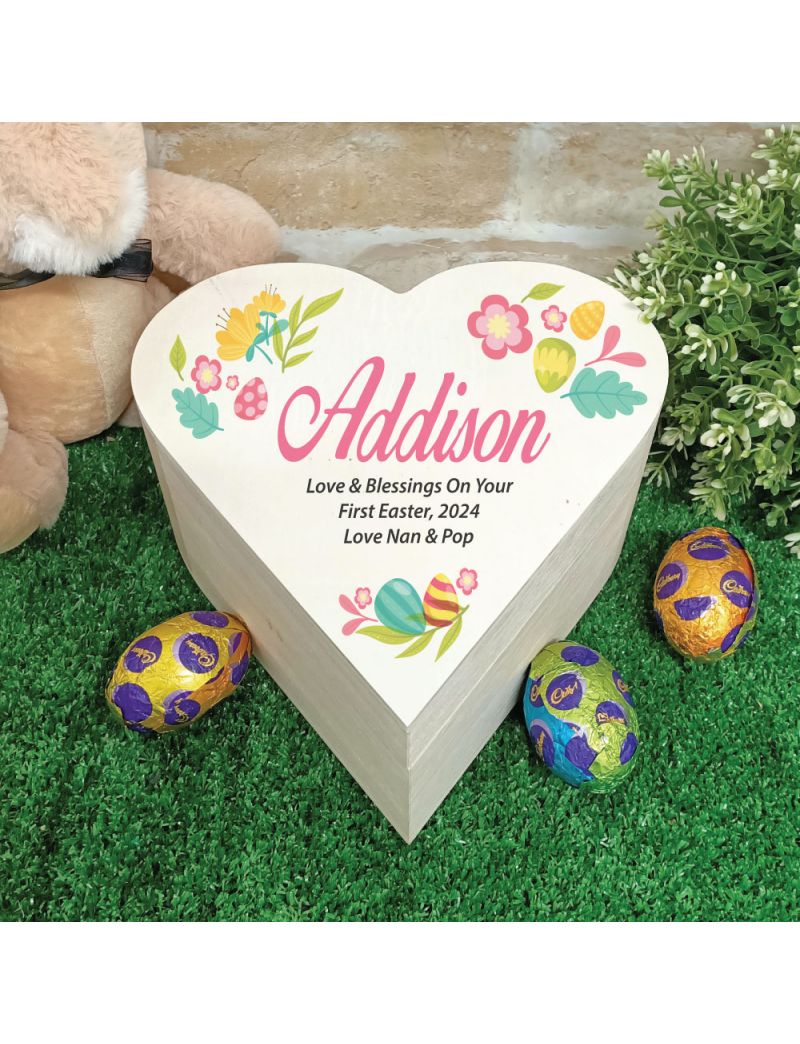 Wooden Easter Heart Box - Coloured Eggs