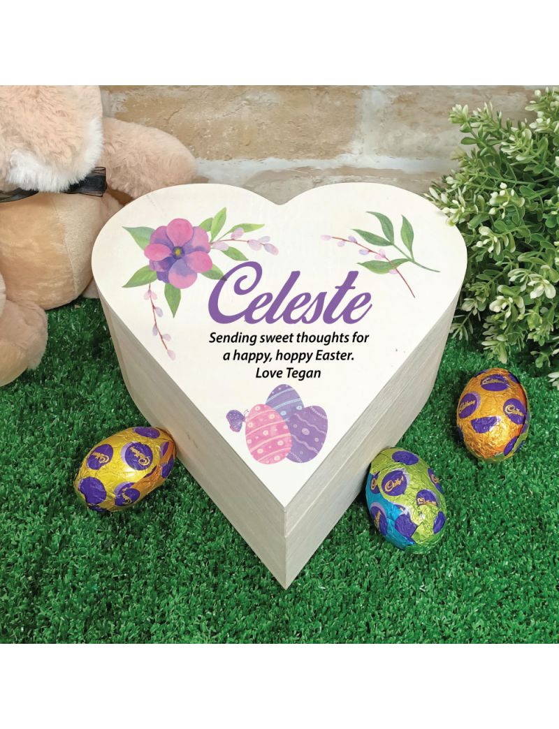 Wooden Easter Heart Box - Purple Eggs