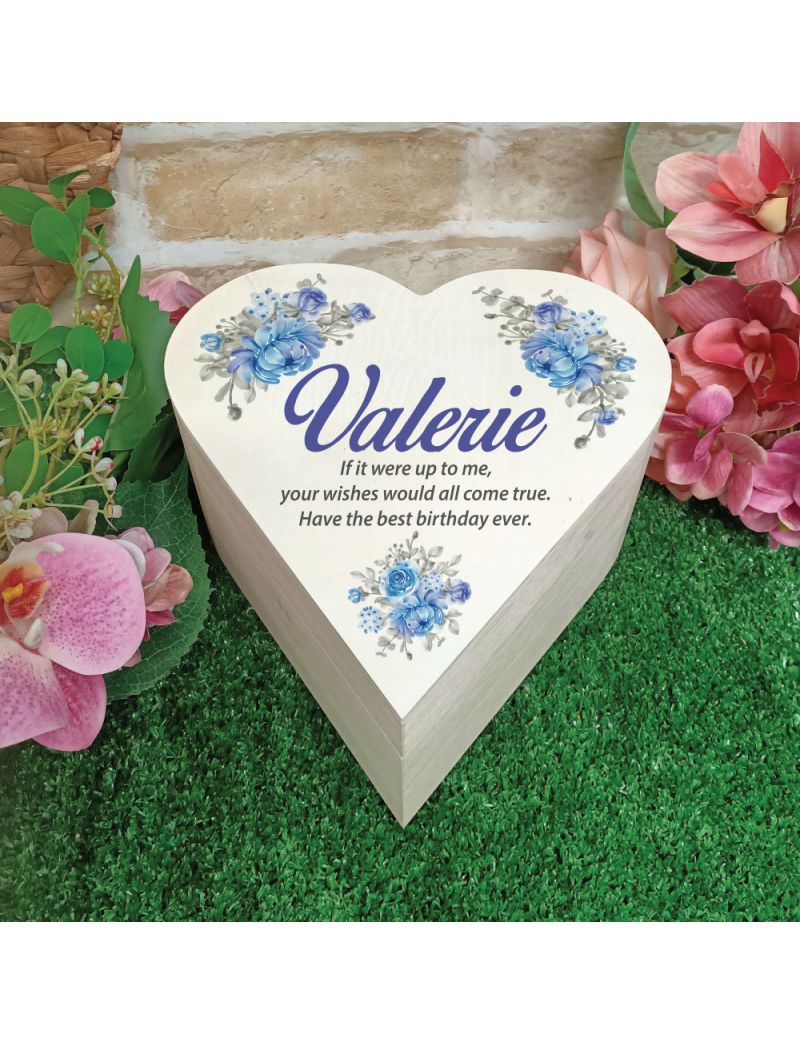 Birthday Wooden Heart Gift Box - Blue Floral