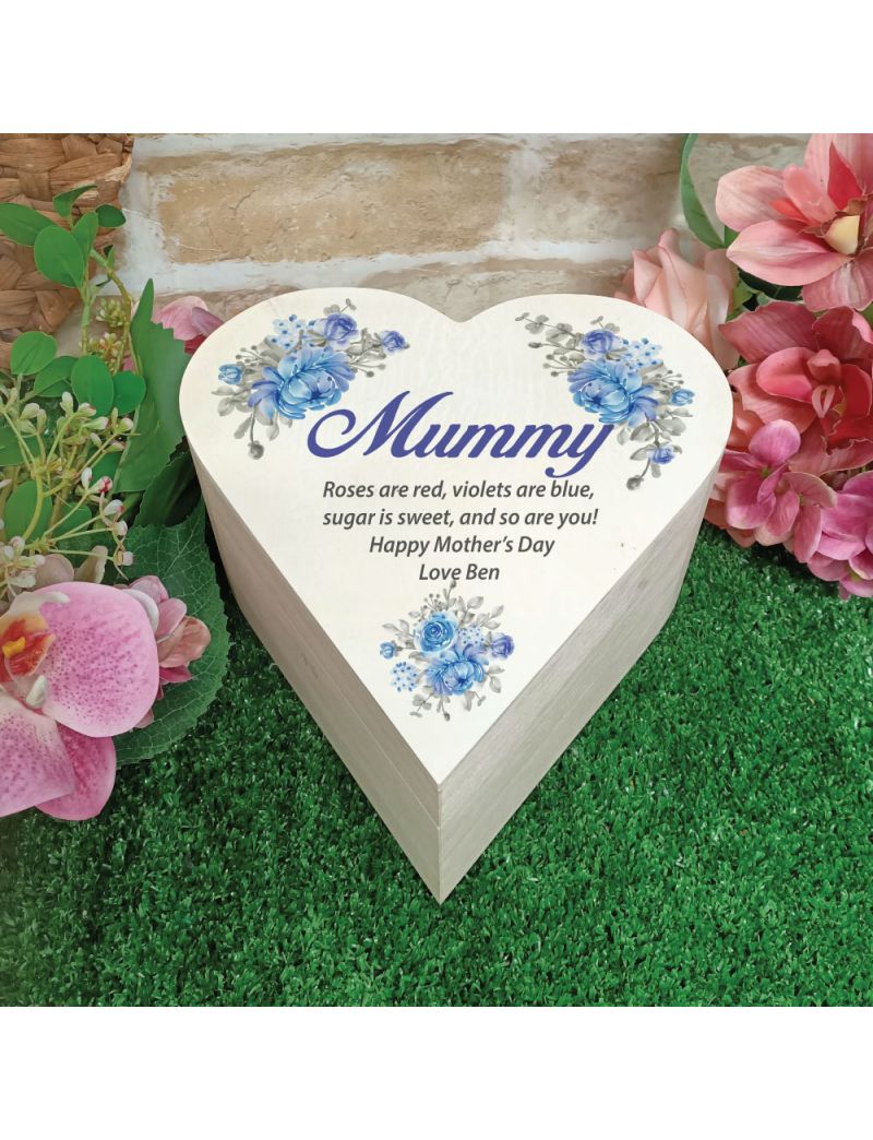Mum Wooden Heart Gift Box - Blue Floral