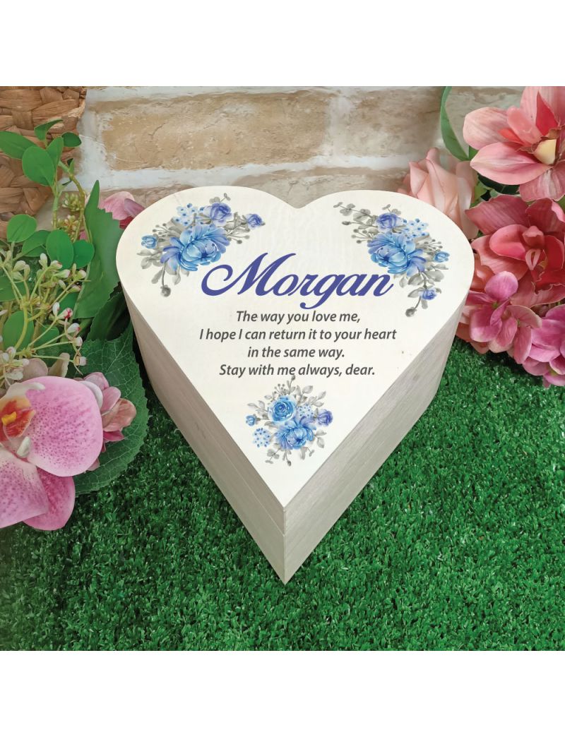 Personalised Wooden Heart Gift Box - Blue Floral