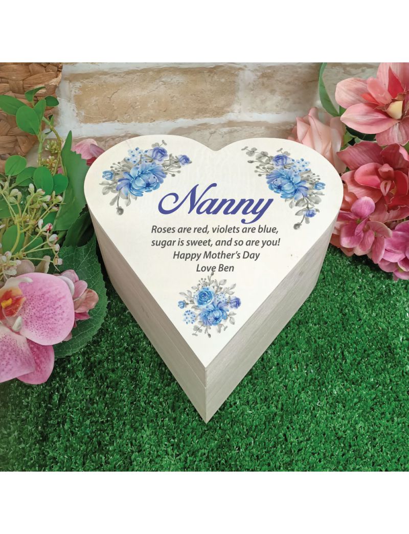 Nana Wooden Heart Gift Box - Blue Floral