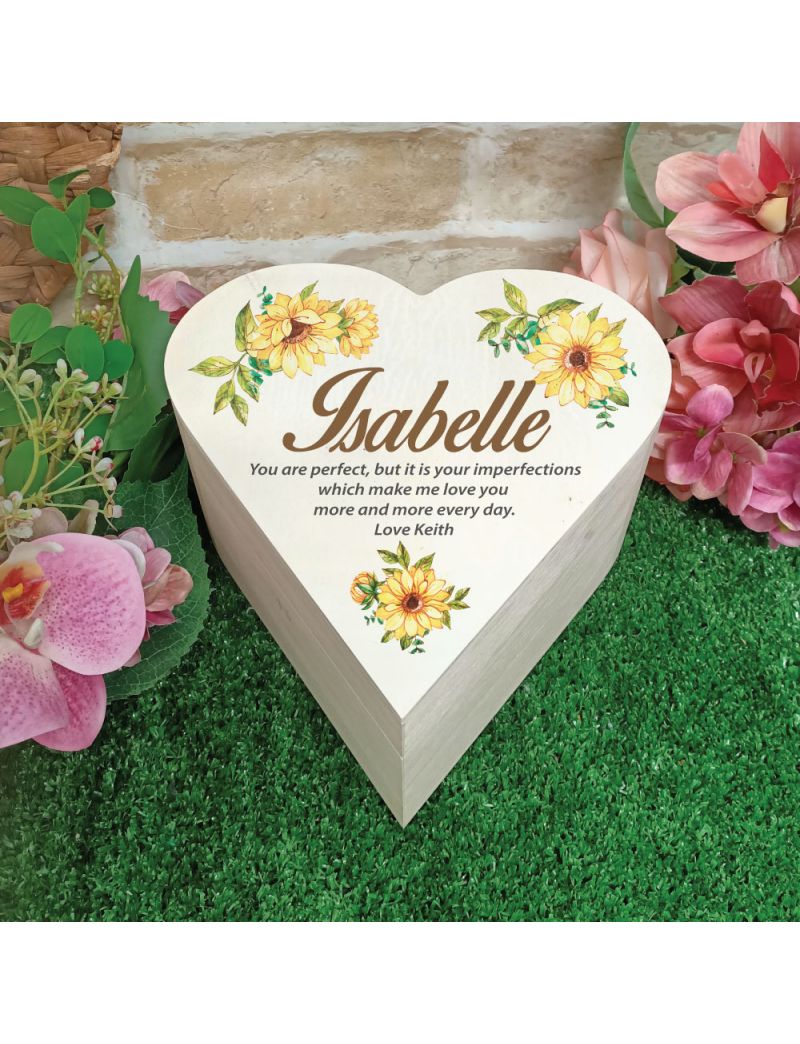 Personalised Wooden Heart Gift Box -Sunflower