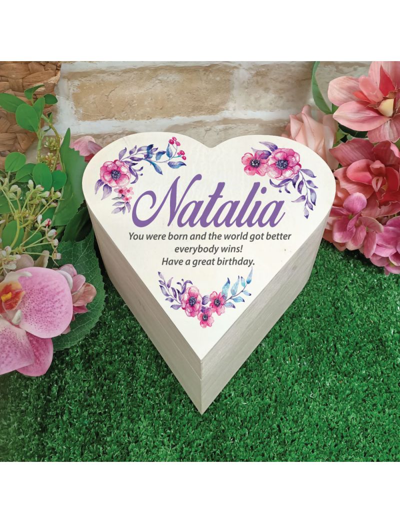 Personalised Wooden Heart Gift Box -Watercolour Floral