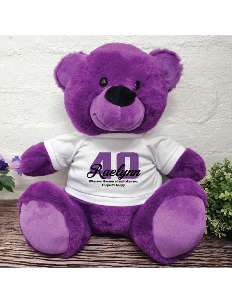 40th Birthday Personalised Bear with T-Shirt Purple 40cm