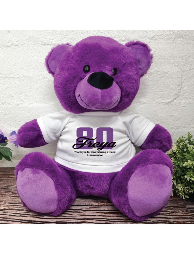80th Birthday Personalised Bear with T-Shirt Purple 40cm