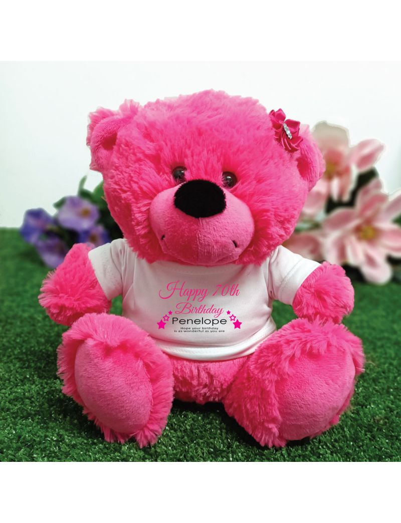 Personalised 70th Birthday Bear Hot Pink Plush