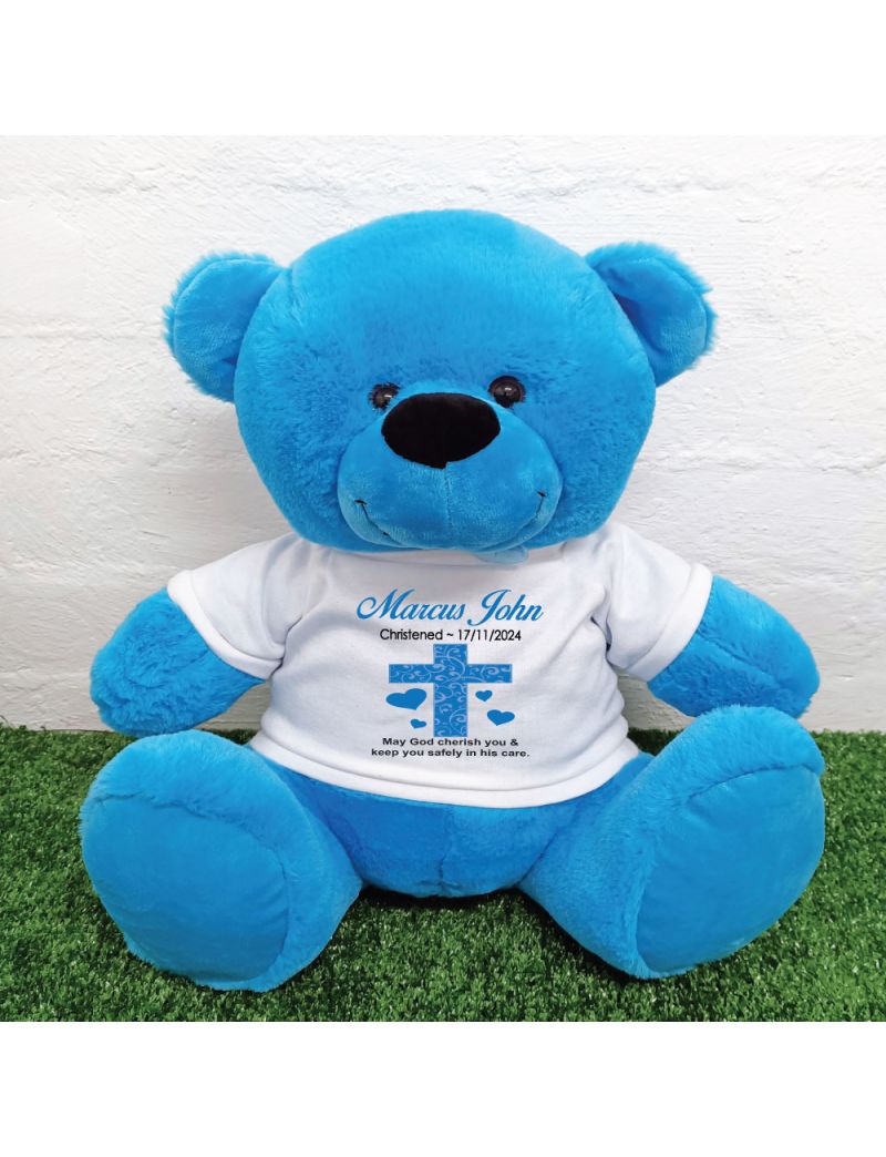 Christening Personalised T-Shirt Bear 40cm  Bright Blue