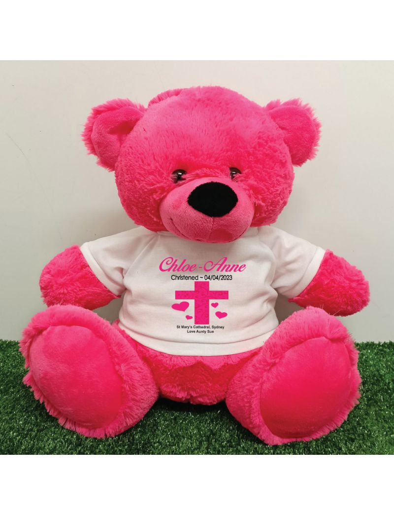 Christening Personalised T-Shirt Bear 40cm Hot pink