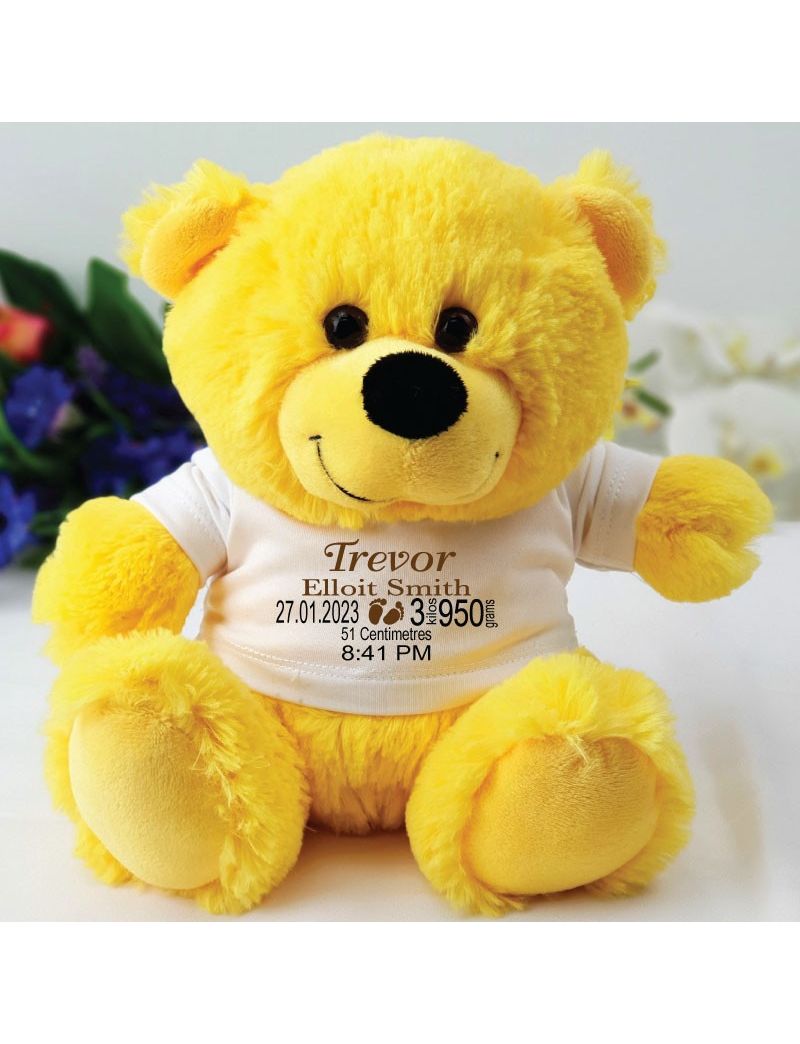 Personalised Baby Birth Details Teddy Bear Yellow