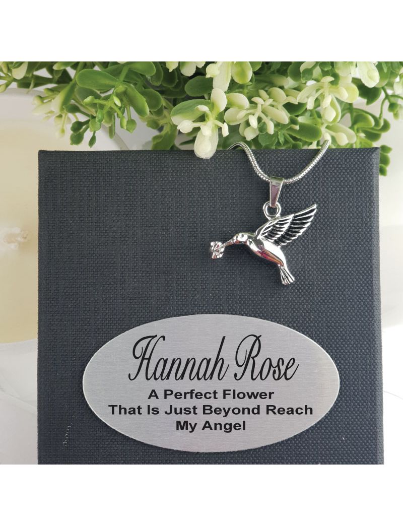 Silver Bird Urn Cremation Ash Necklace in Personalised Box