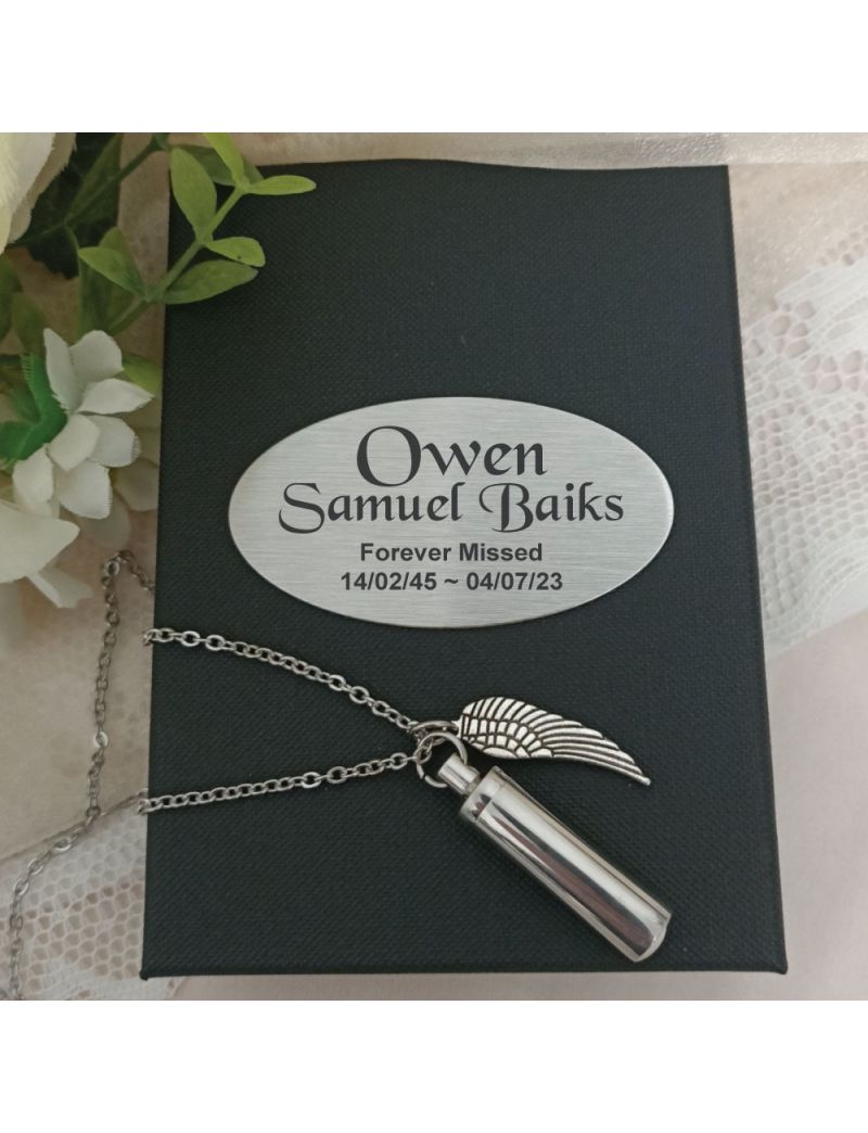 Angel Wing Charm Memorial Urn Necklace in Personalised Box
