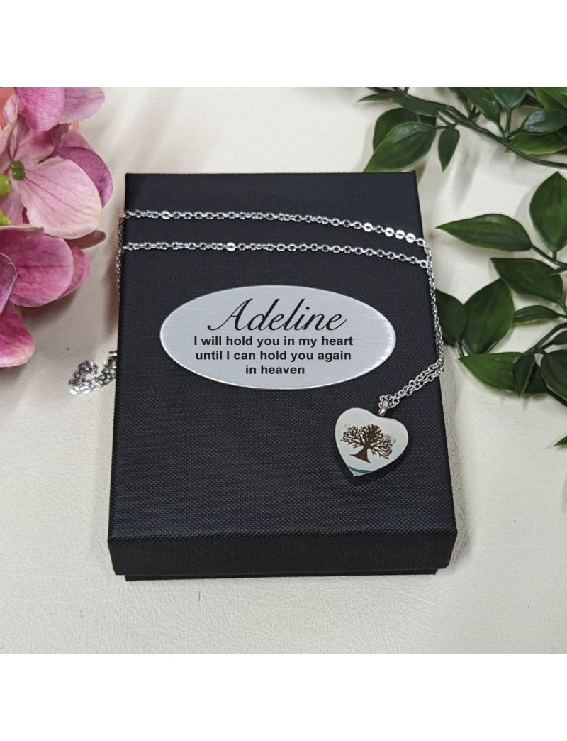 Family Tree Heart Cremation Urn Necklace in Personalised Box