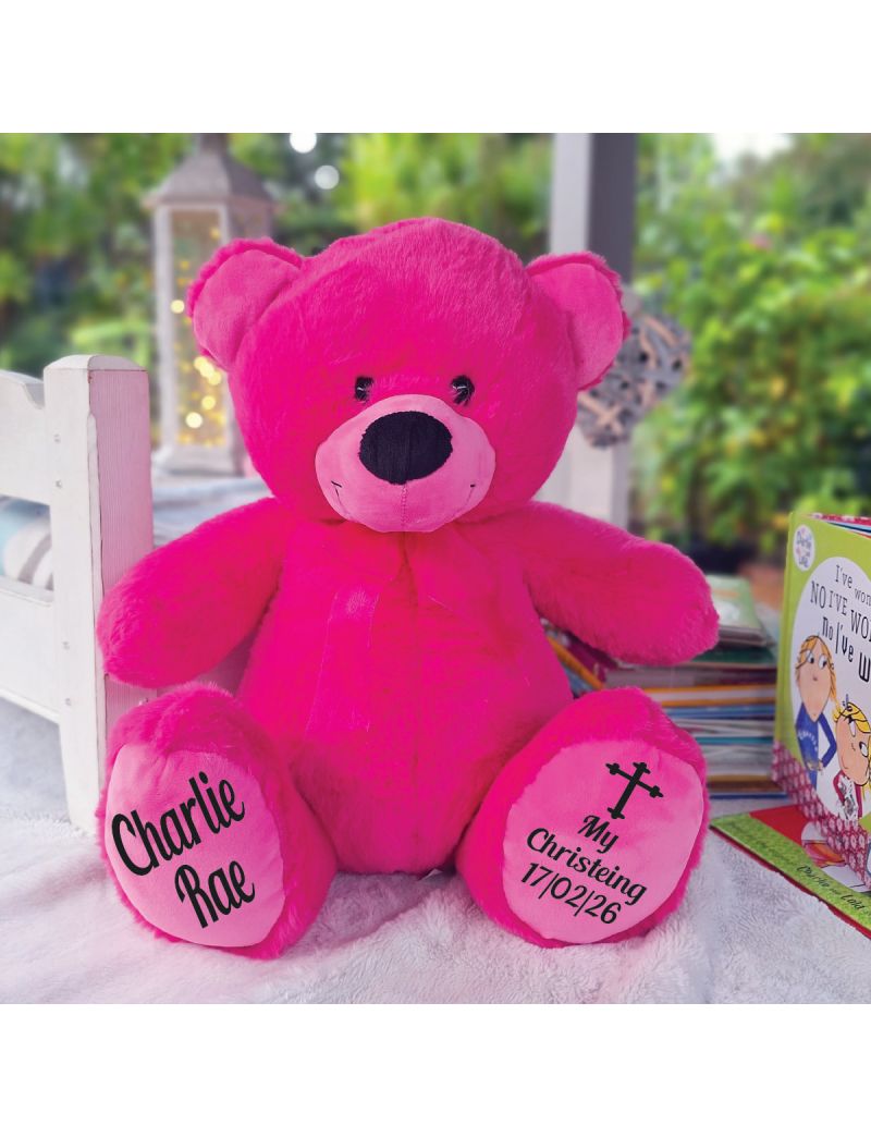 Christening Personalised Teddy Bear 40cm Hot pink