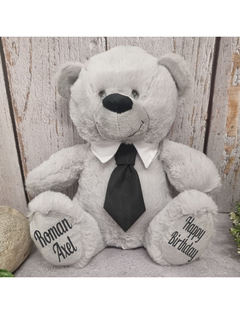 Grey Birthday Bear with Black Tie 30cm