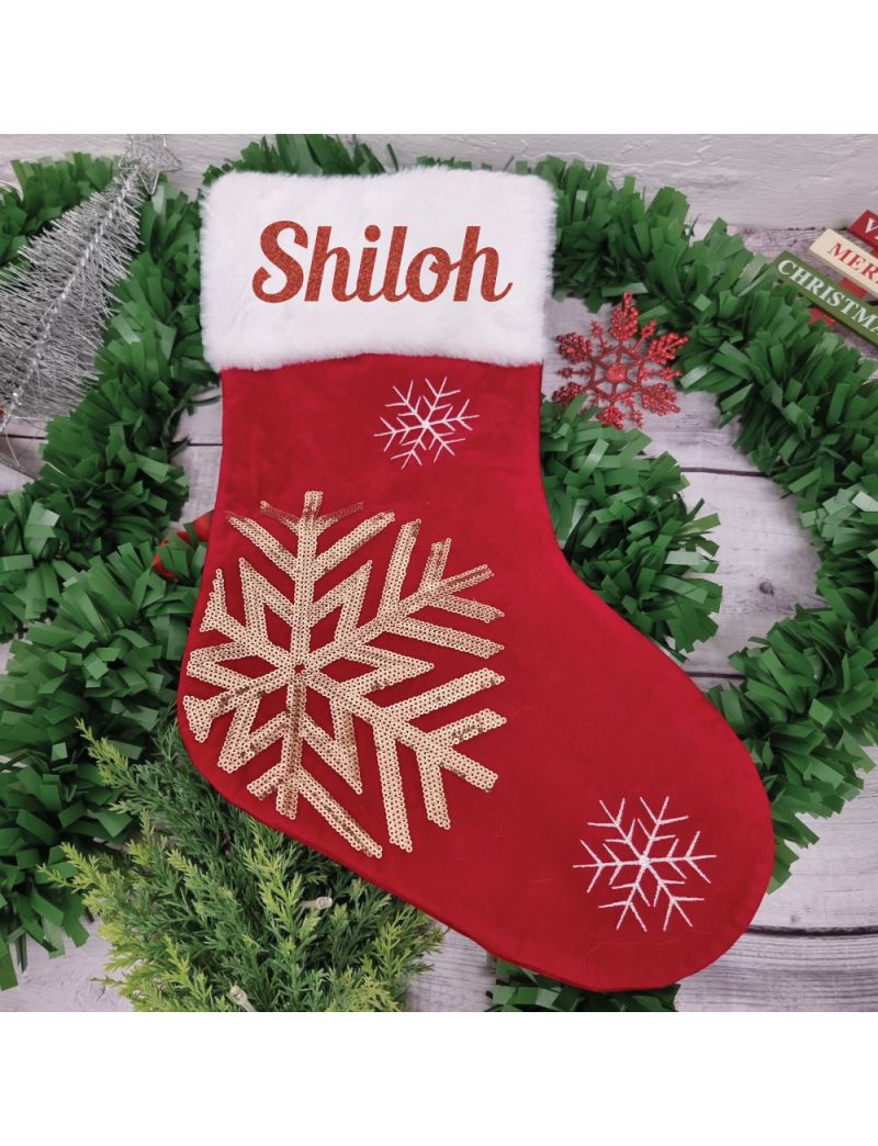 Personalised Christmas Stocking Gold Sequin Snowflake