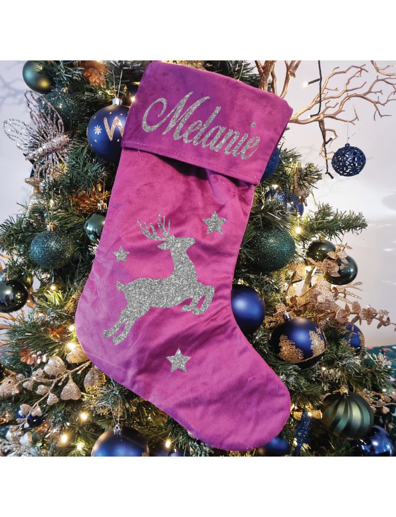 Christmas Stocking Magenta Velvet Reindeer