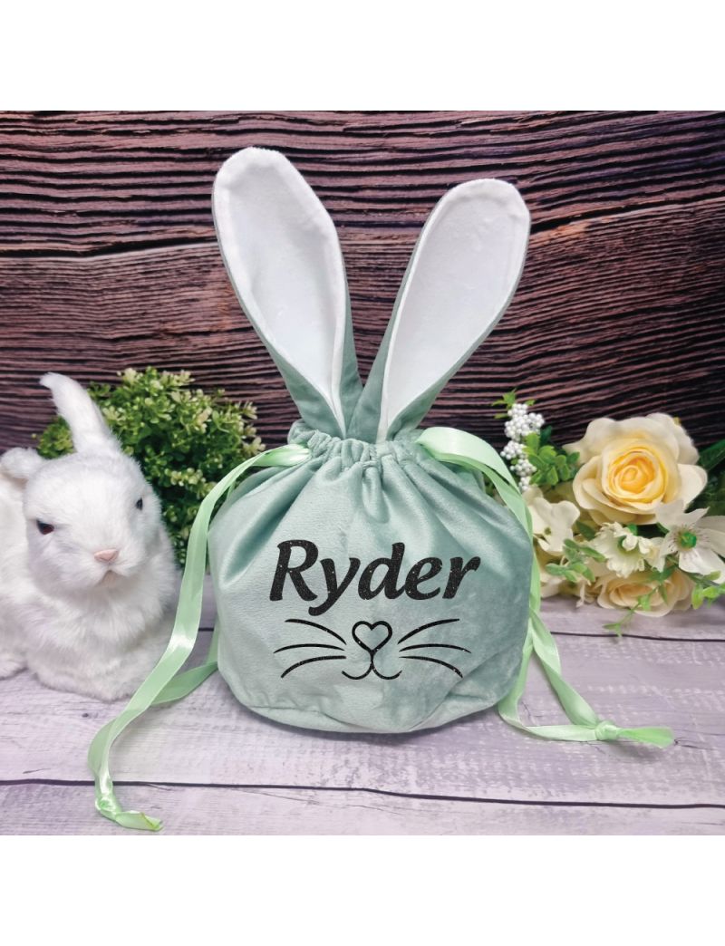 Personalised Easter Bunny Velvet Gift Bag - Sage