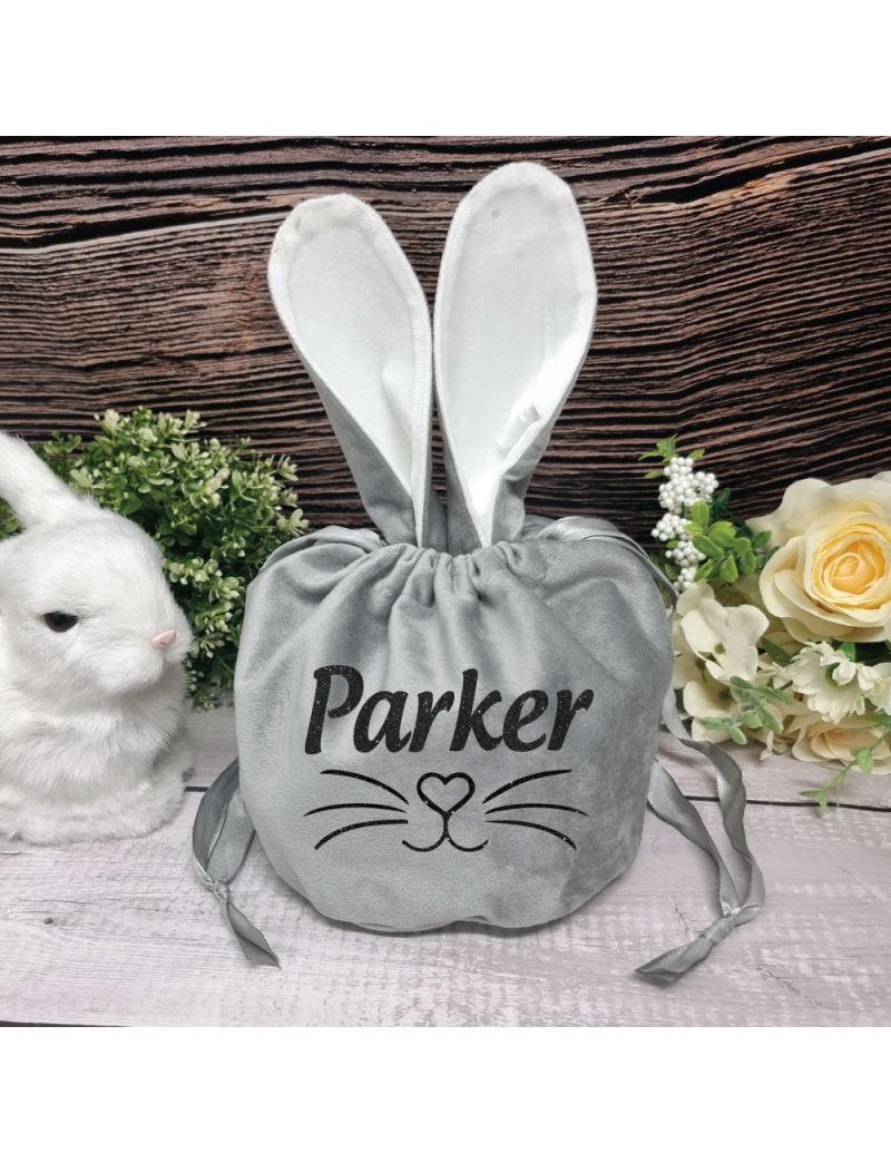 Personalised Easter Bunny Velvet Gift Bag - Steel