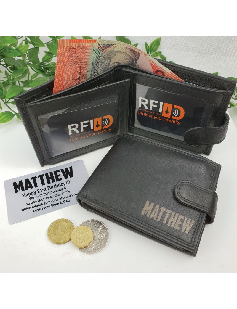 Personalised Black Mens Leather Wallet - Birthday